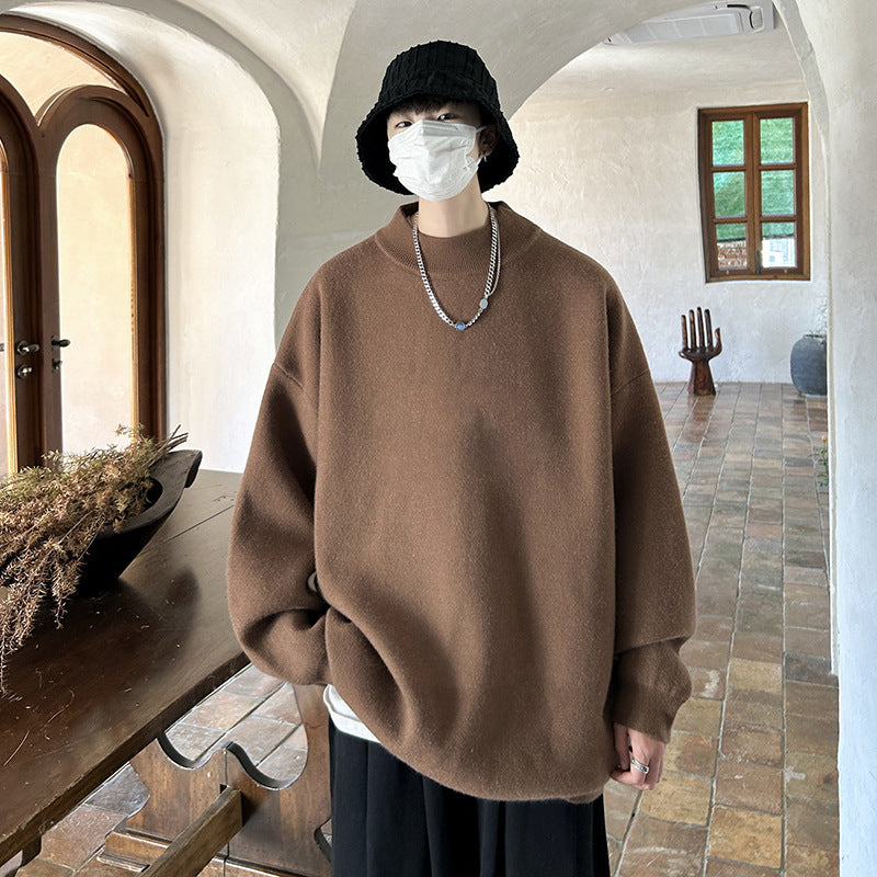 Spring And Autumn Ins Fashion Brand Loose And Idle Solid Color Sweater Round Neck Sweater For Men