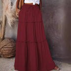 Women's Layered High Waist Elastic Lace-up Skirt With Wooden Ears