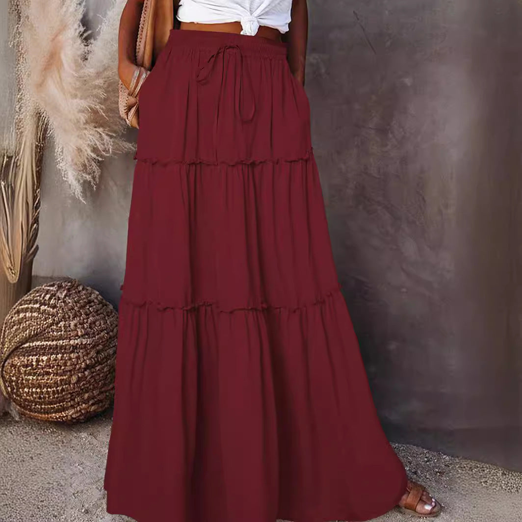 Women's Layered High Waist Elastic Lace-up Skirt With Wooden Ears