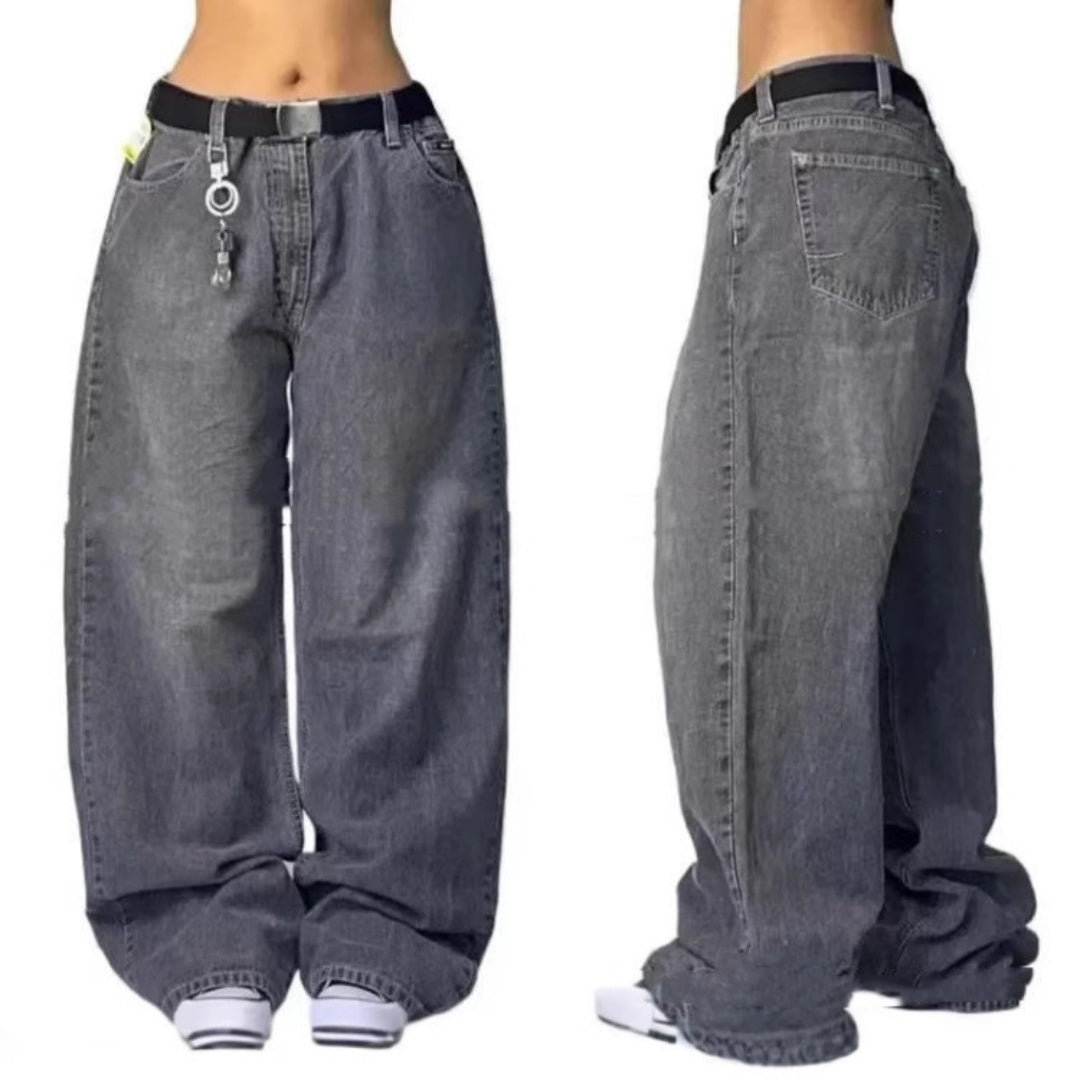 High Waist Retro Distressed Black Gray Wide-leg Jeans