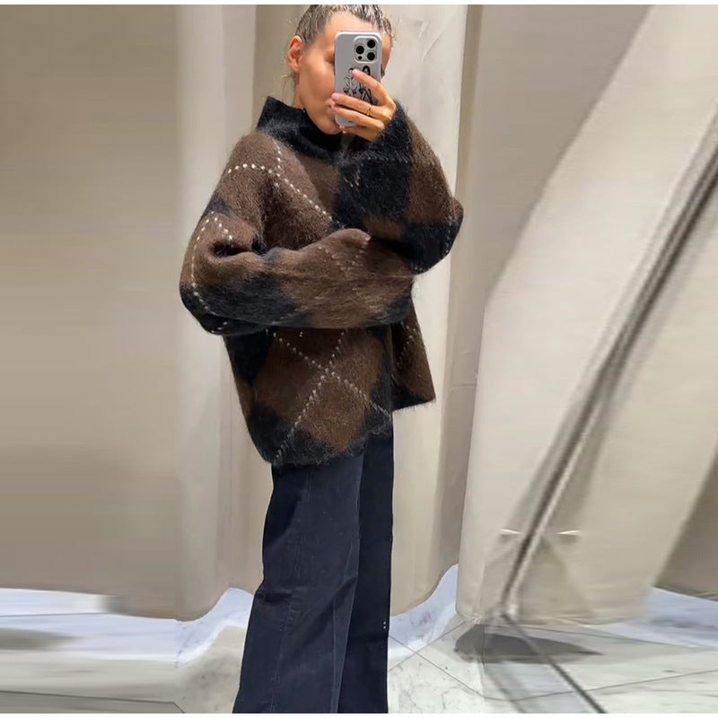 Women's Turtleneck Sweater Long Sleeve Diamond Plaid Knit