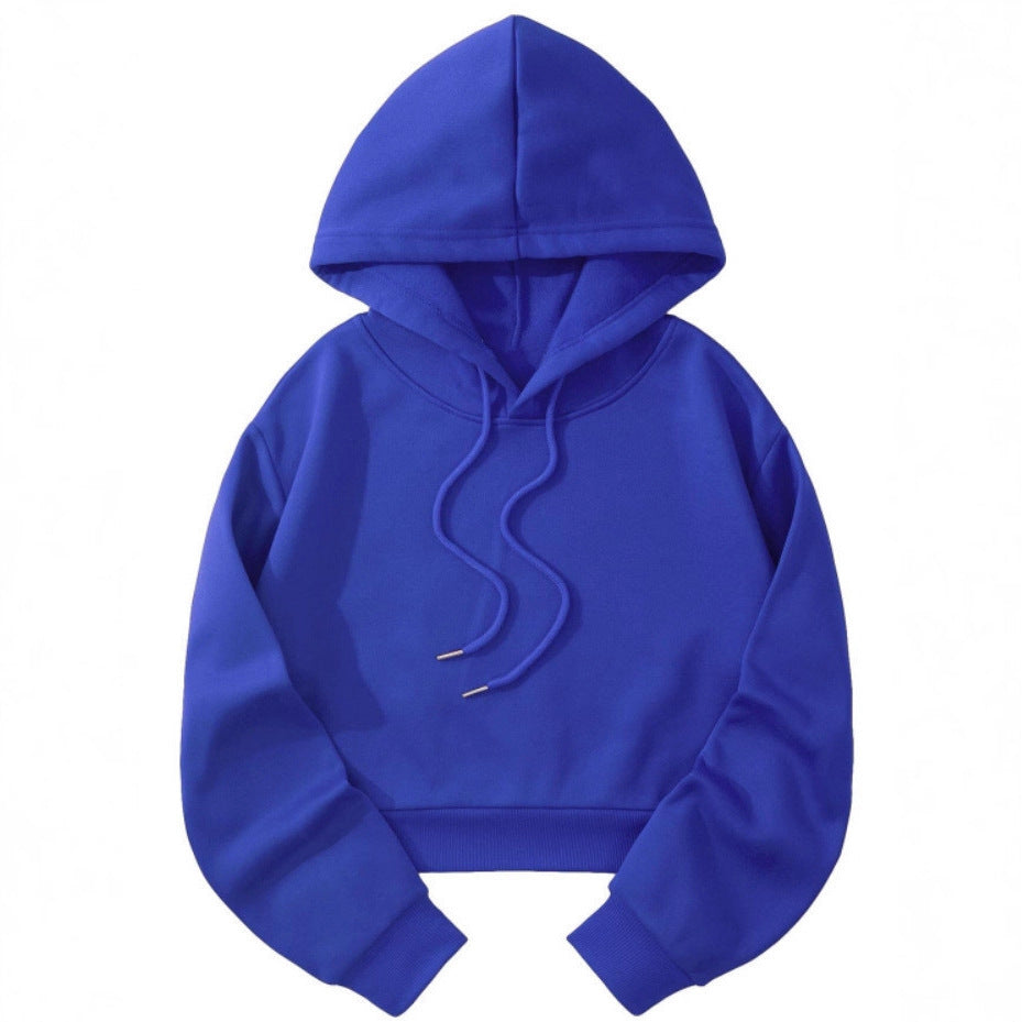 Autumn And Winter Fleece-lined Casual Short Cropped Hooded Sweatshirt