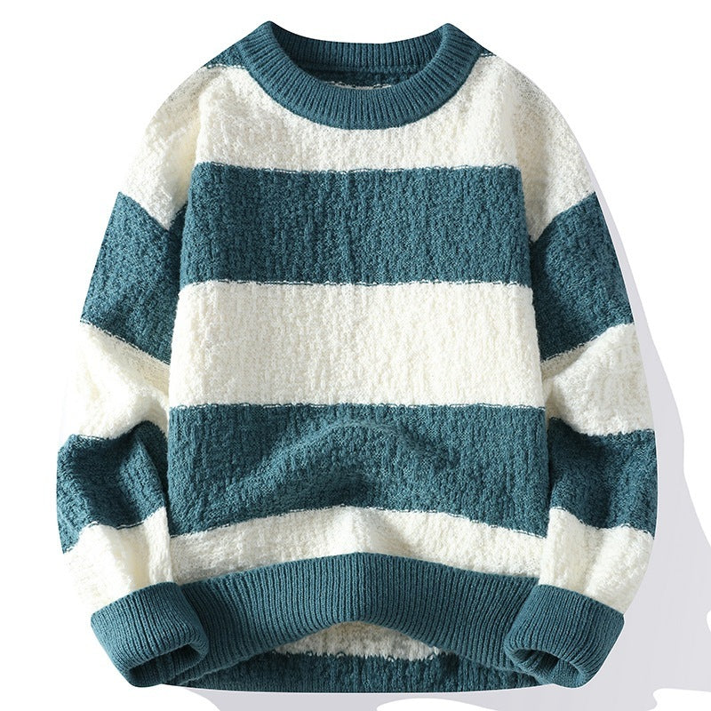 Winter Contrast Color Striped Round Neck Sweater Men