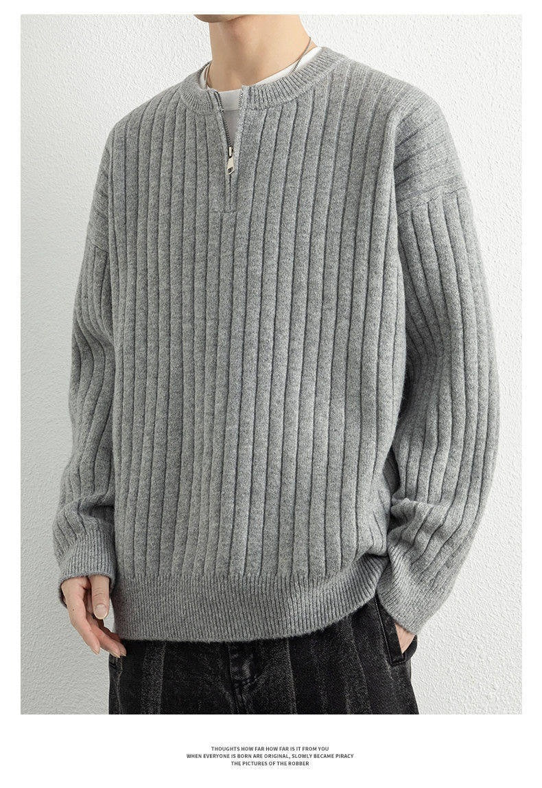 Half Zipper Sweater Loose Pullover Texture Knitted Men