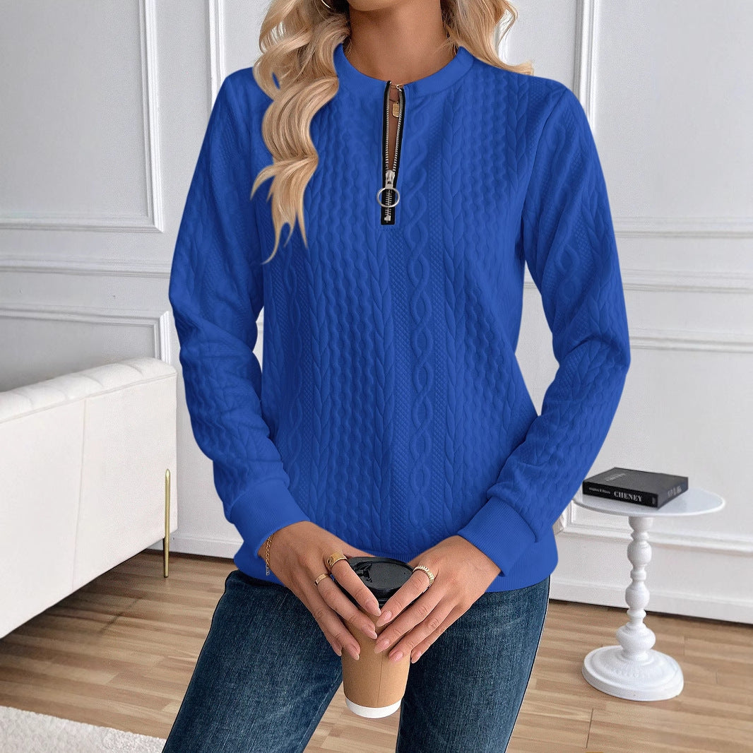 Women's Loose Casual Pullover Half Zipper Long Sleeve Solid Color Texture Round Neck Hoodie For Women