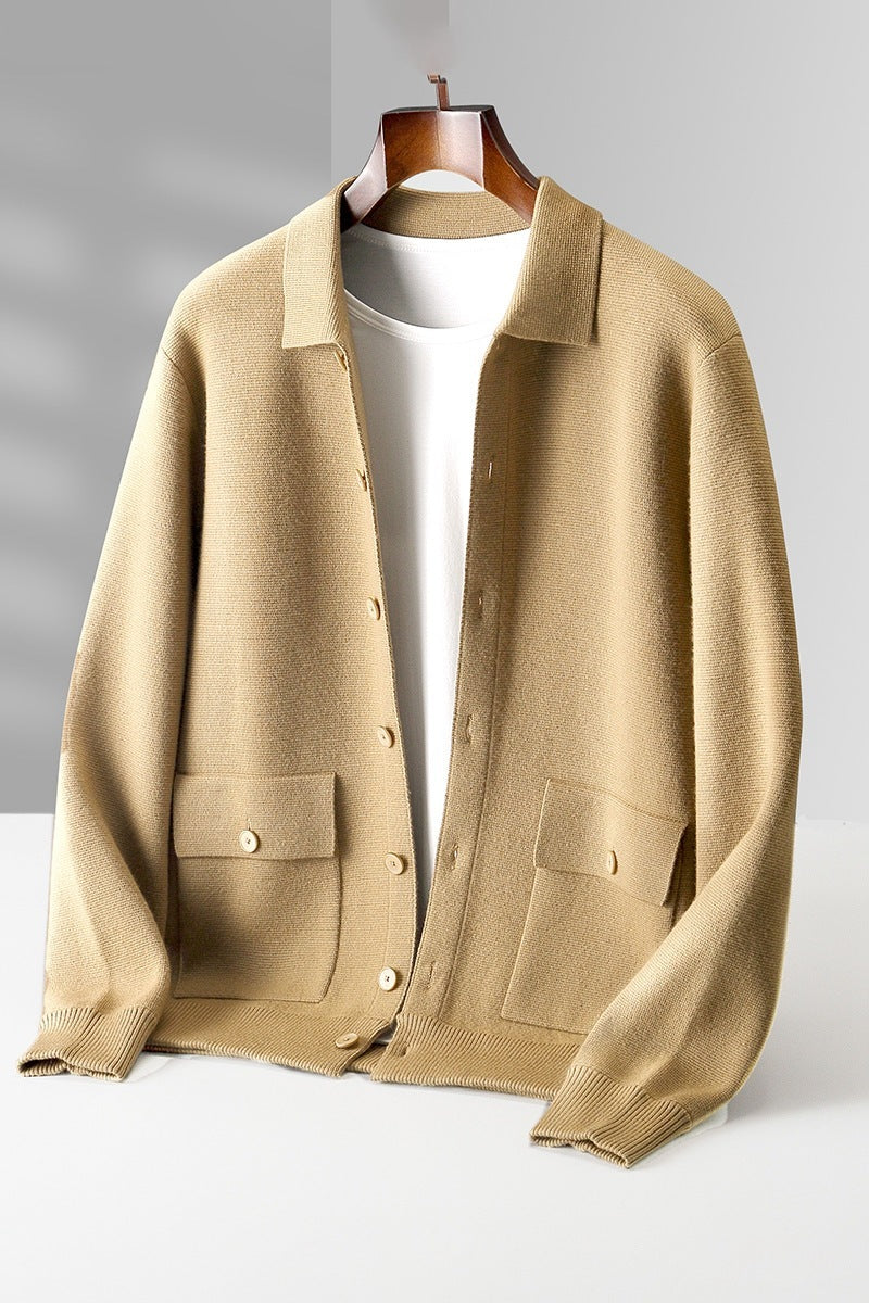 Polo Collar Solid Color Wool Cardigan Vintage Pocket Thick Men's Coat Cashmere Sweater