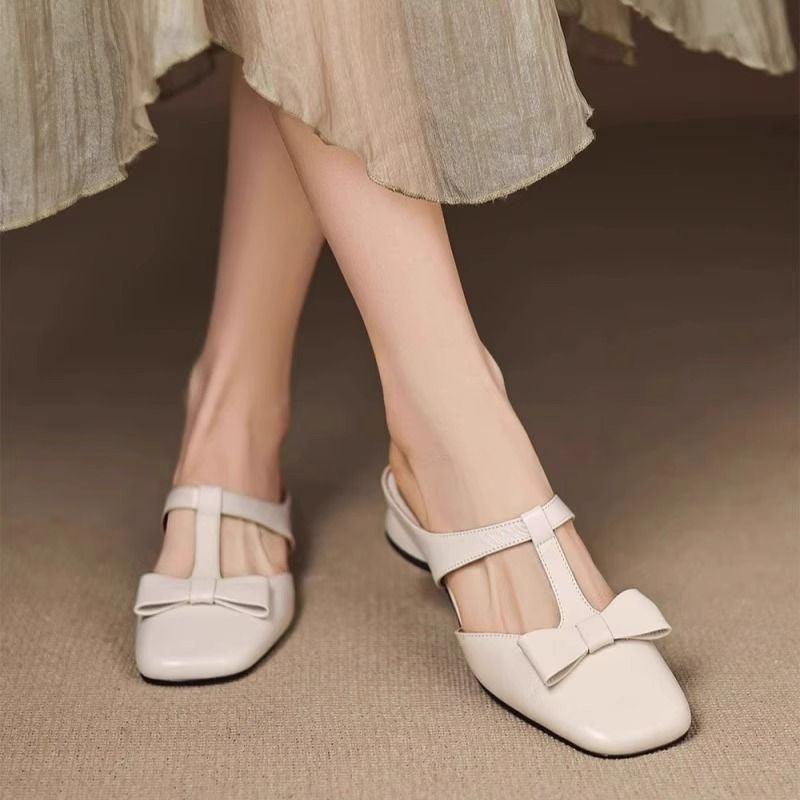 French Style Bow Closed Toe Half Slippers For Women