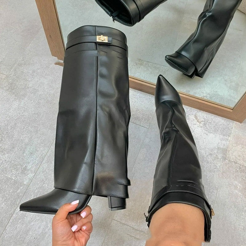 Ins Pant-tube Boots Pointed Toe Chunky Heel Shoes WInter Knight Mid-calf Dress Boot For Women
