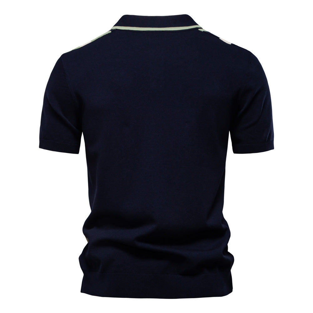 Men's Lapel Short Sleeve Knitted Polo Striped Stitching