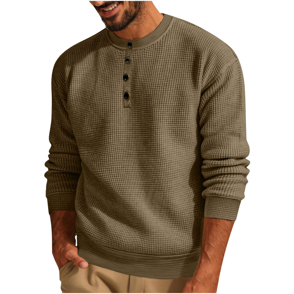 Solid Color Loose Casual Round Neck Long Sleeve Waffle Henley Shirt