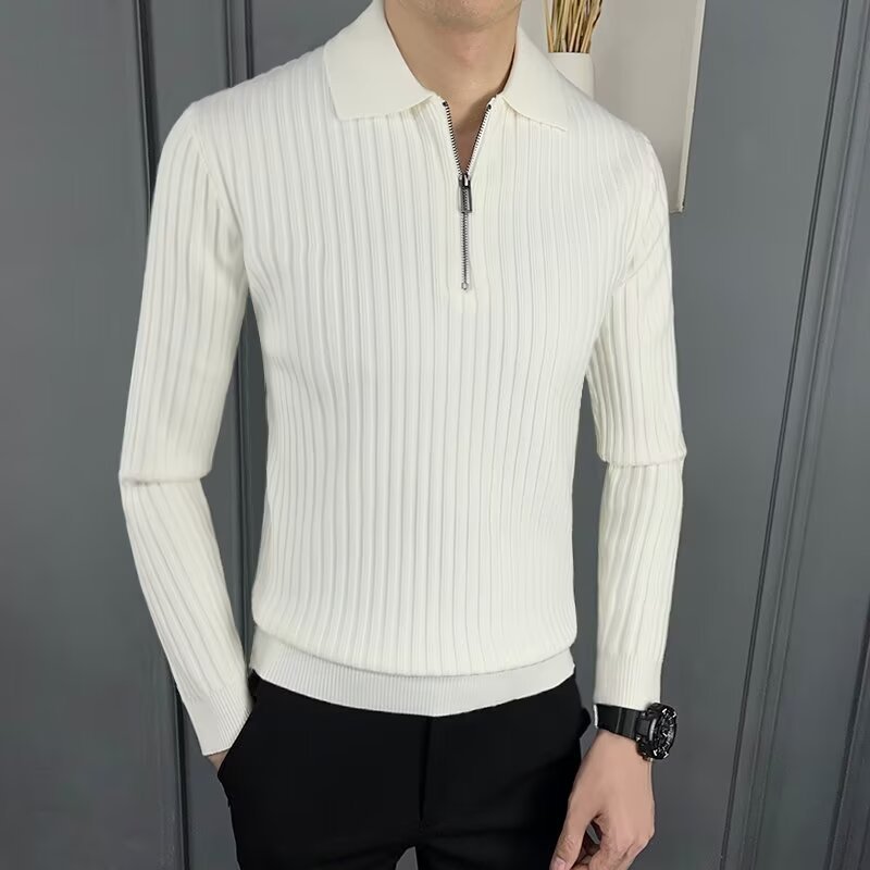 Warm Polo Collar Stripes Long Sleeve Pullover