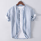 Men's Half Sleeve Striped Shirt Casual Linen Breathable Color Matching Short Sleeve Shirt Men