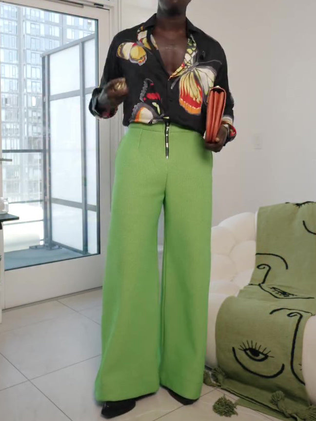 Lime Green Wide-Leg Pants With Zipper Detail