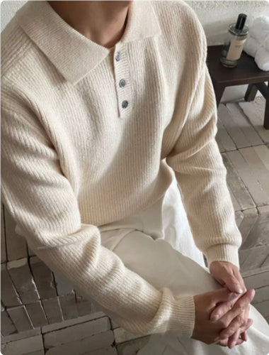 Long Sleeve Button Polo Shirt Solid Color And V-neck Business Men's Sweater