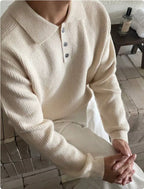 Long Sleeve Button Polo Shirt Solid Color And V-neck Business Men's Sweater