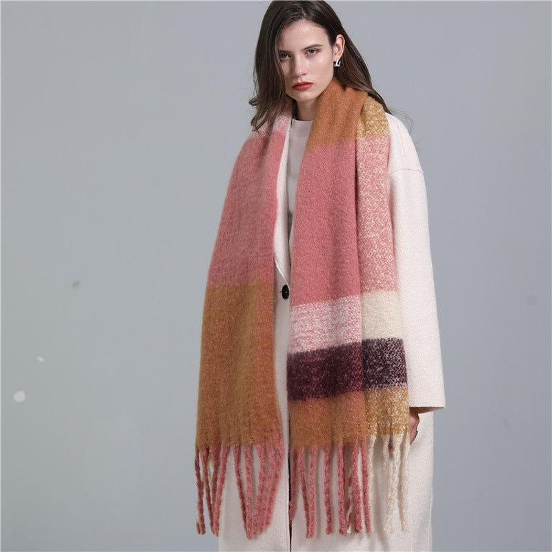 Scarf Plaid European And American Plus Long Fringe Bib Fashion Striped Color Matching Winter Scarf Shawl Thick Beard