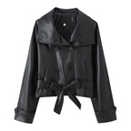 Trendy Wild Two-color Double Breasted Short Lace Up Leather Coat