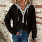 Women's Solid Color Waffle Hooded Button Loose Long Sleeve Sweatershirt