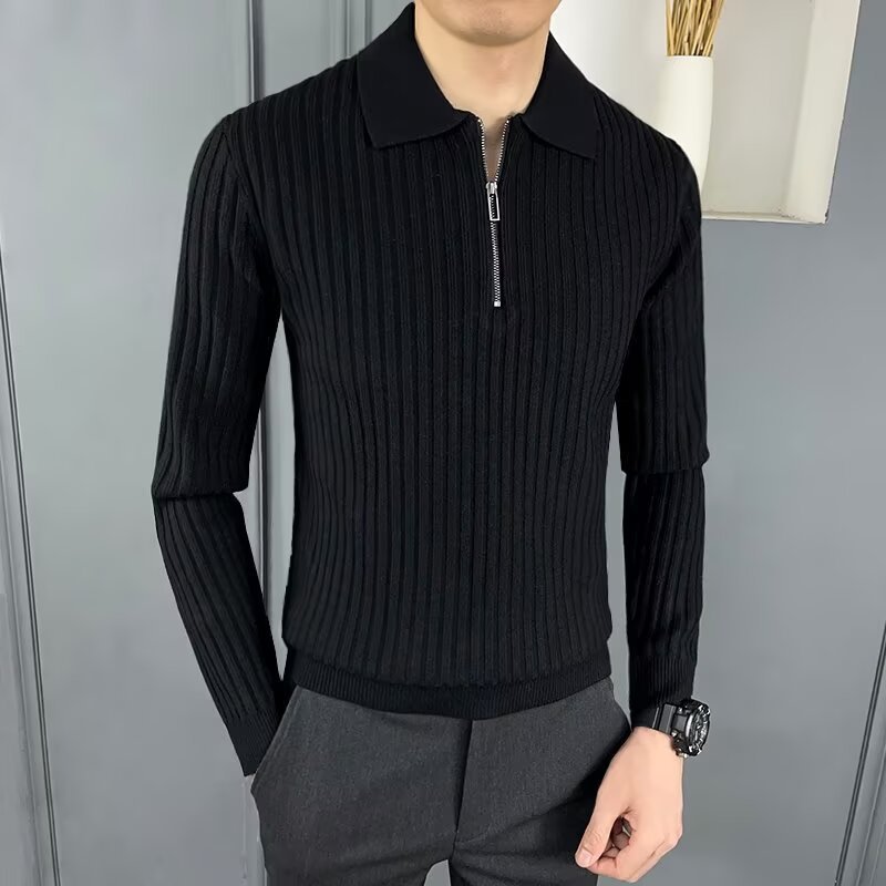 Warm Polo Collar Stripes Long Sleeve Pullover