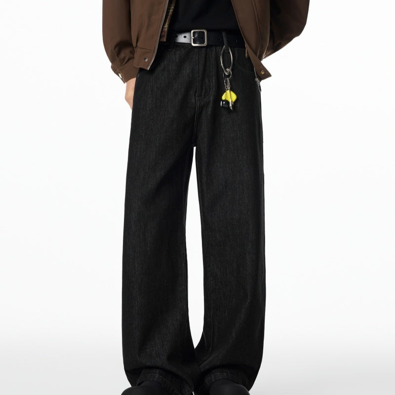 American Retro Black Raw Denim Jeans Autumn Loose A-line Wide Leg