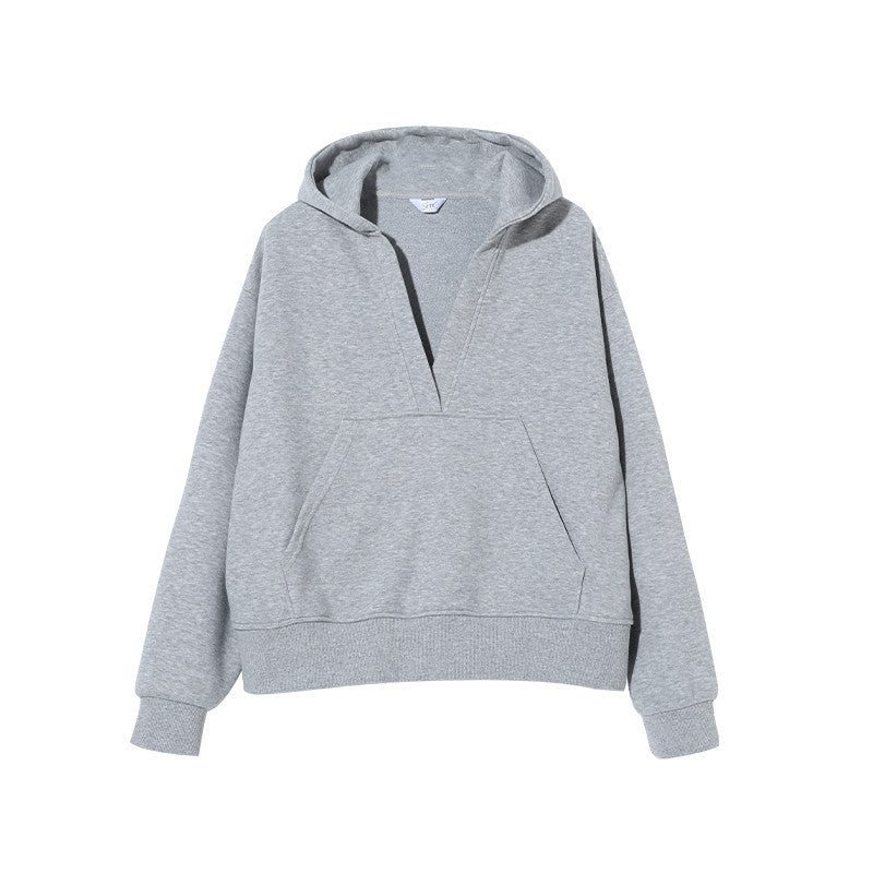 Gray Hooded Sweater For Women Fleece-lined Thick Loose Casual Sweatshirt
