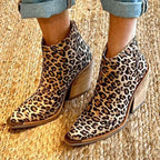 Leopard Pointed Ankle High-top Back Zipper Pull-up Boots For Women