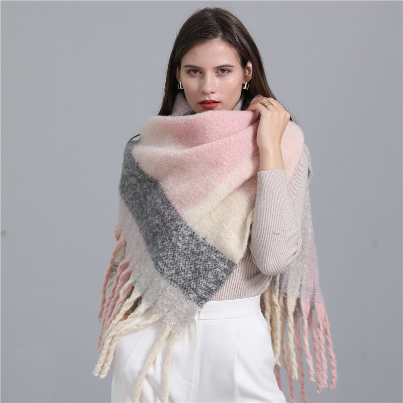 Scarf Plaid European And American Plus Long Fringe Bib Fashion Striped Color Matching Winter Scarf Shawl Thick Beard
