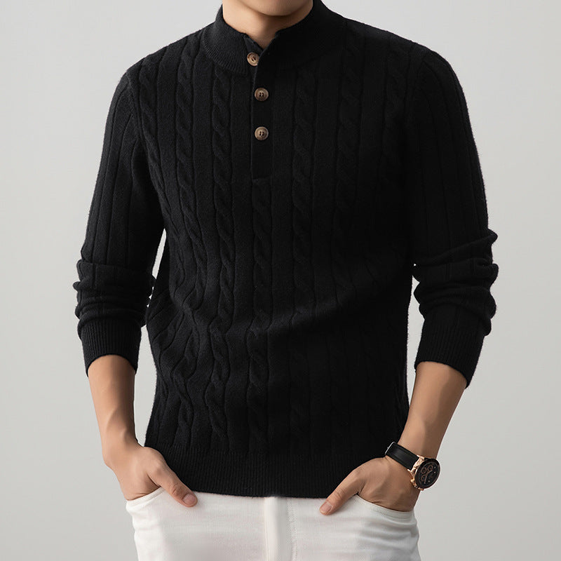 Half-height Henry Collar Button Twisted Sweater Thick Fashion Men's Knitwear