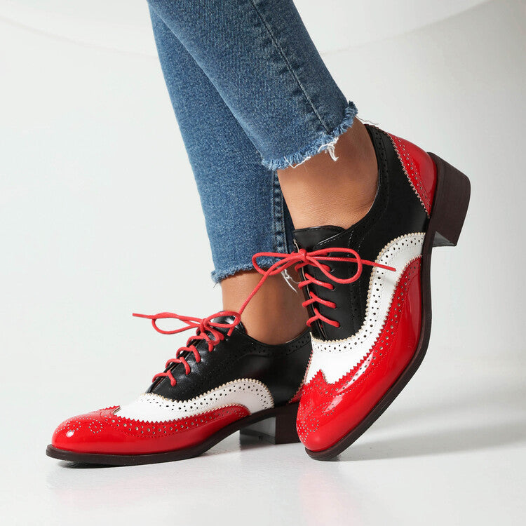 Color Matching Pumps Round Head Shallow Mouth Front Lace-up Women's Chunky Heels