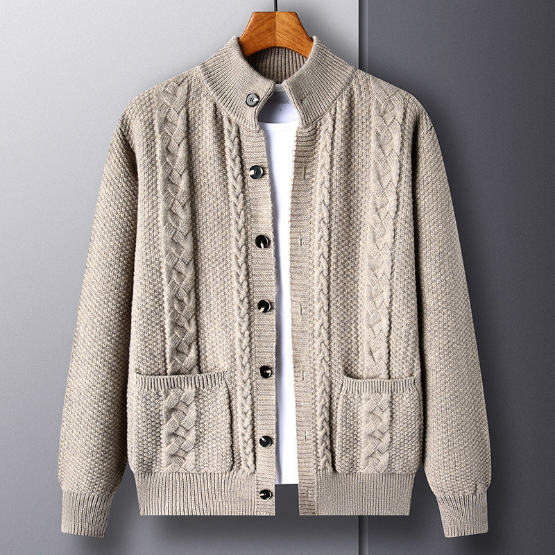Young And Middle-aged Thick Knit Cardigan Retro Jacquard Loose-fitting Sweater Men's Sweater Coat