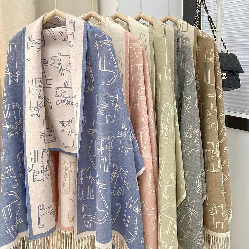 Cat Printing Thick Tassel Cashmere Shawl Warm Scarf