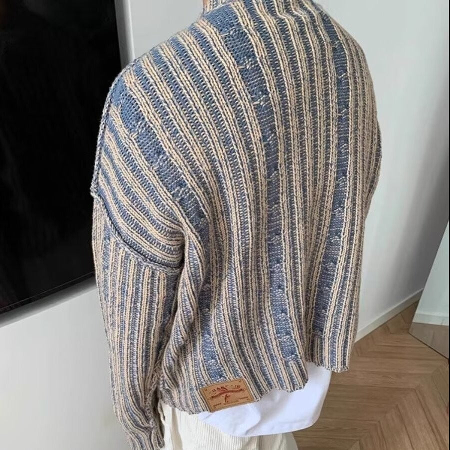 Retro Multi-colored Stripe Casual Trend Knitted Sweater Men's Design Round Neck Pullover