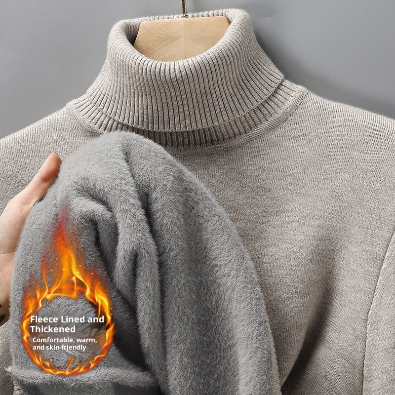 Men's Versatile Knitted Turtleneck Solid Color With Fur Sweater