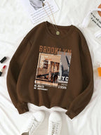 Women's Print Thermal Lined Crew Neck Loose Pullover Long Sl