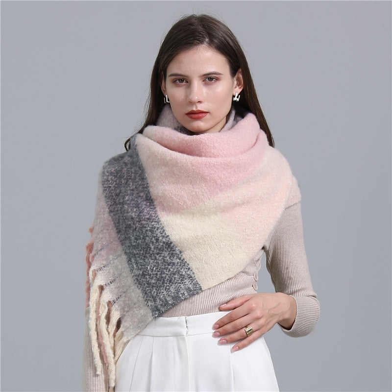 Scarf Plaid European And American Plus Long Fringe Bib Fashion Striped Color Matching Winter Scarf Shawl Thick Beard