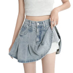 Retro Denim Skirt Summer A- Line Pleated Skirt