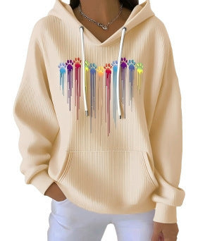 Striped Fabric Digital Printed Hooded Long Sleeve Women's Sweater