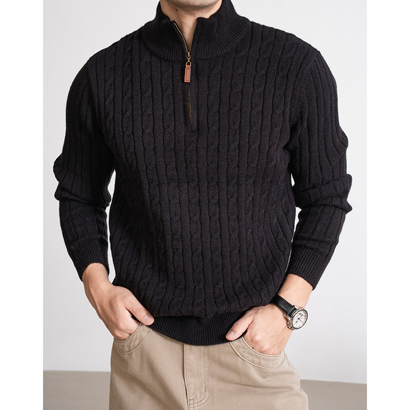 Men's Casual Solid Color Half-height Zip Twisted Sweater