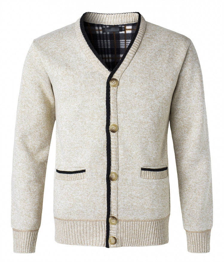 Autumn And Winter Fleece-lined Thickened V-neck Cardigan Cotton Knitwear Dad Coat