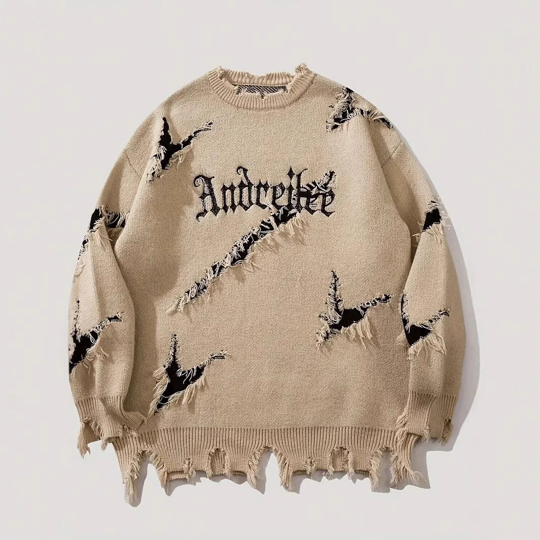 New Personality Street Jacquard Ripped Frayed Vintage Loose Sweater
