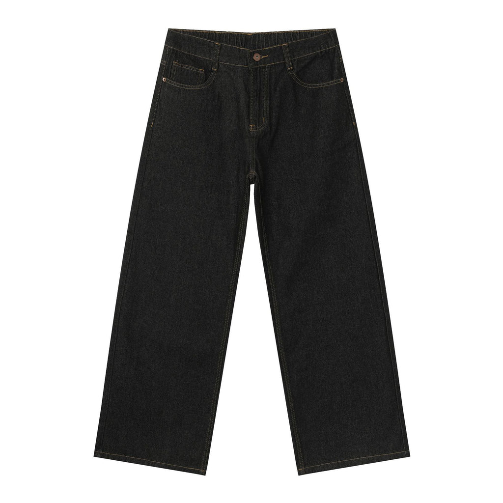 Korean Style Retro Half Elastic Waist Loose Straight Jeans Men's American Style