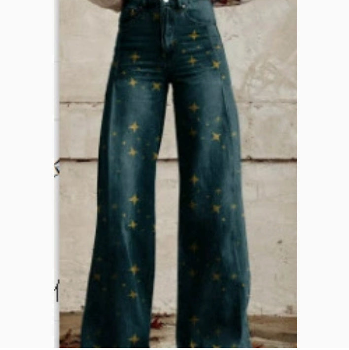 Wide-legged Pants Thermal Transfer Bell-bottom Pants Simulation Denim Trousers