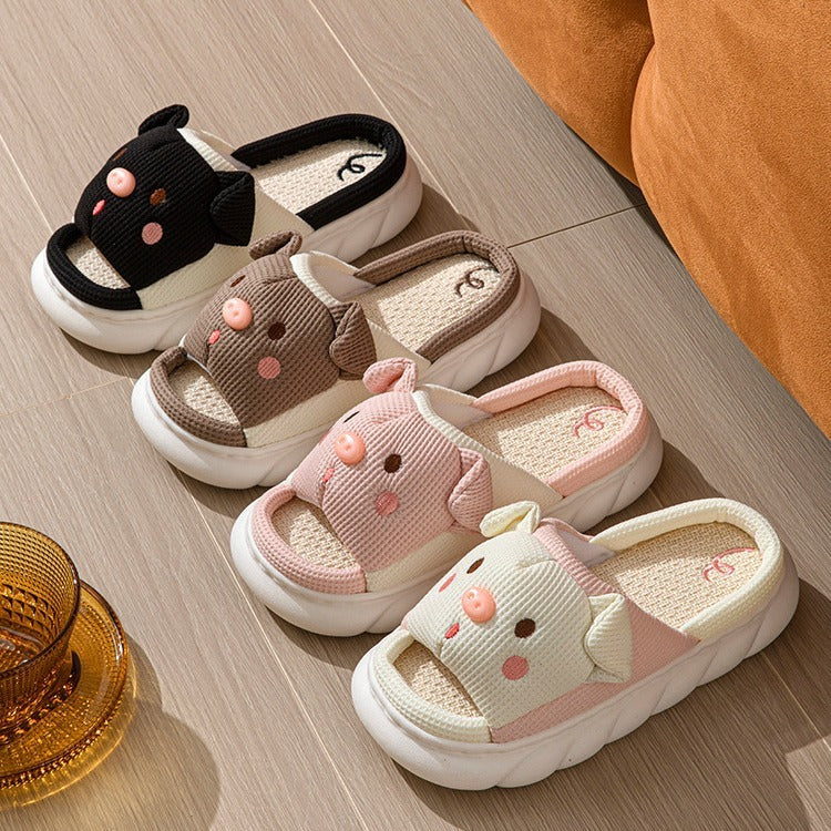 Piggy Cute Couple Open Toe Linen Cotton Linen Slippers