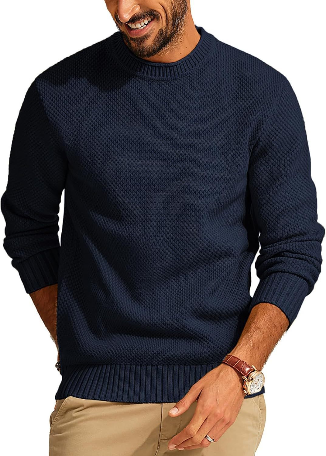 Round Neck Pullover Sweater Men's Waffle Sweater