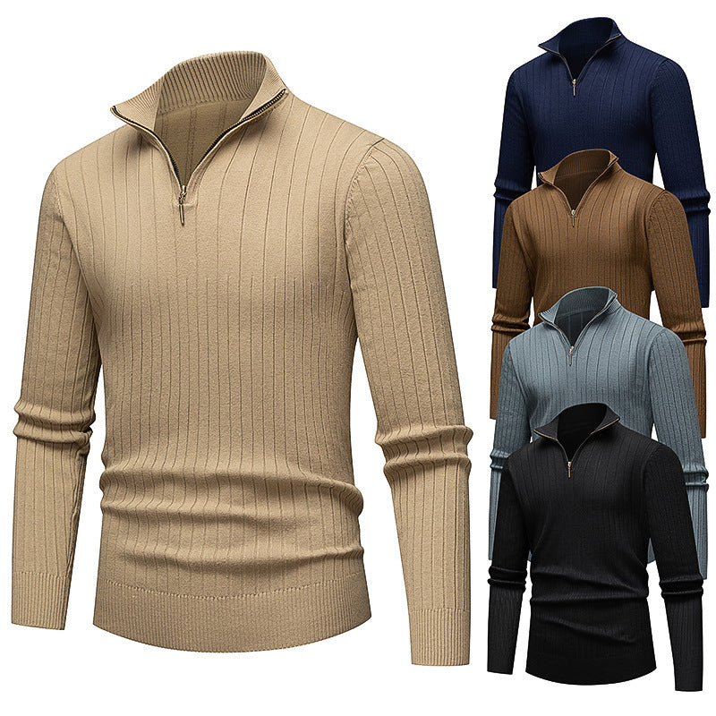 Men's Knitwear Half Zipped Stand Collar Striped Sweater