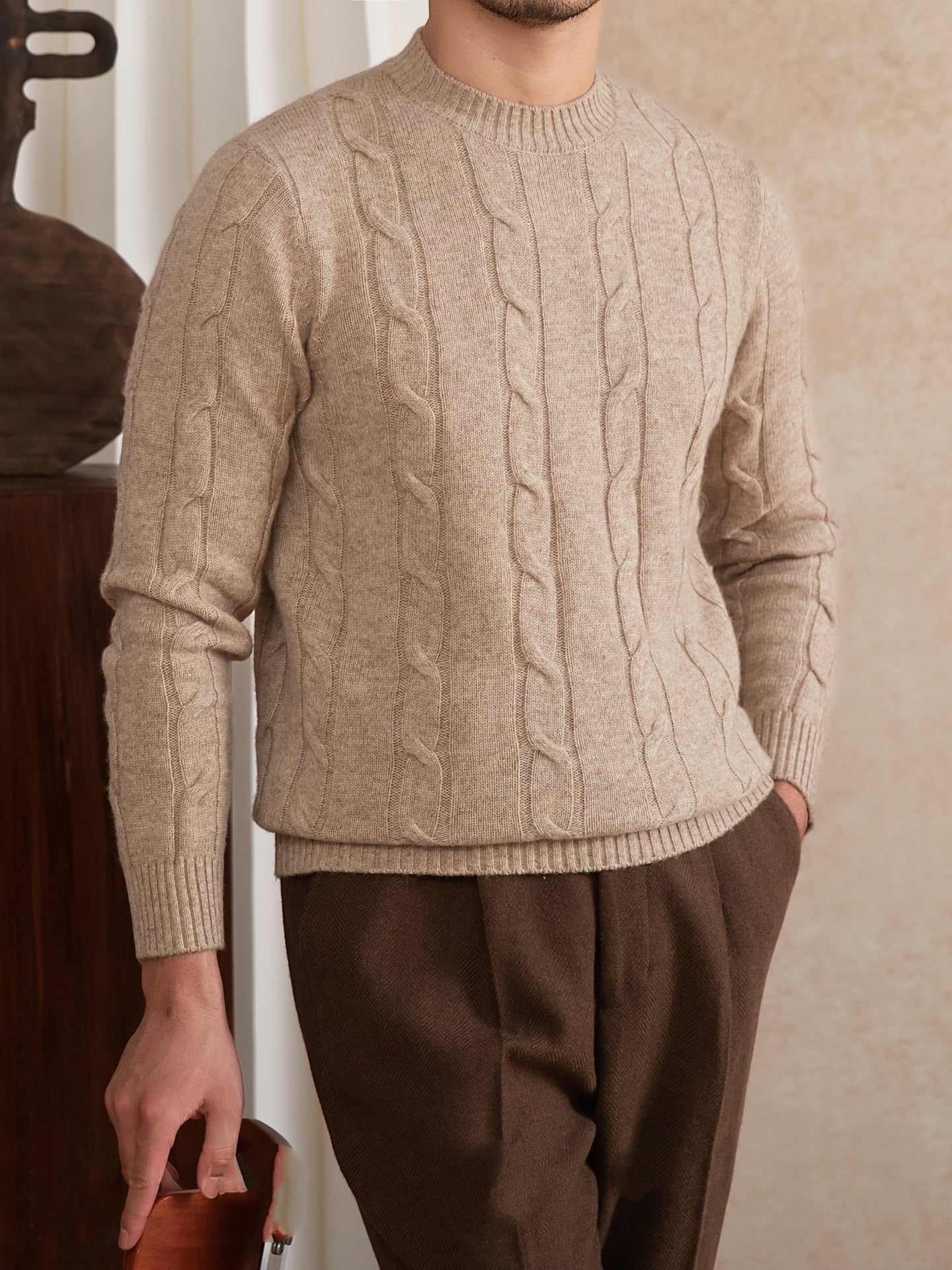 Wool Knitted Twisted Round Neck Pullover Long Sleeve Sweater