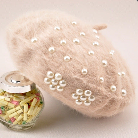 Women's Winter Korean Hats Trendy Pearl Rabbit Fur