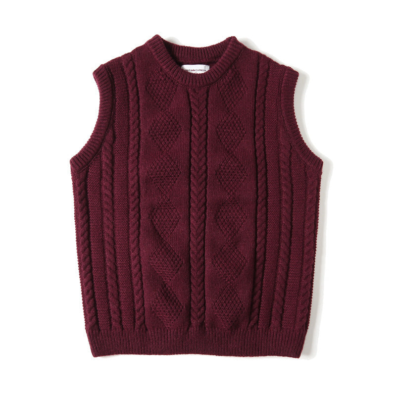 Jacquard Round Neck Knitted Loose Thickened Cable-knit Sweater Vest Tide