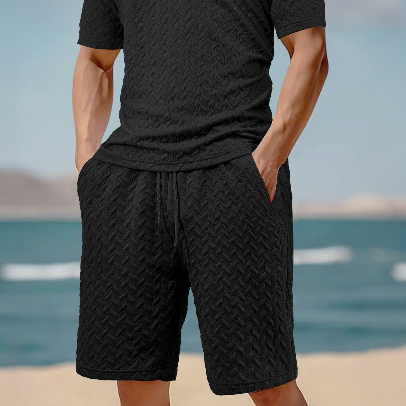 Men's Loose Solid Jacquard Drawstring Casual Beach Pants
