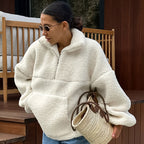 Stand Collar Beige Fleece Sweatshirt